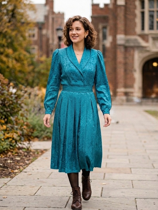 Vintage Dresses & Skirts - Vintage 80s Teal Floral Jacquard Secretary Dress S/M